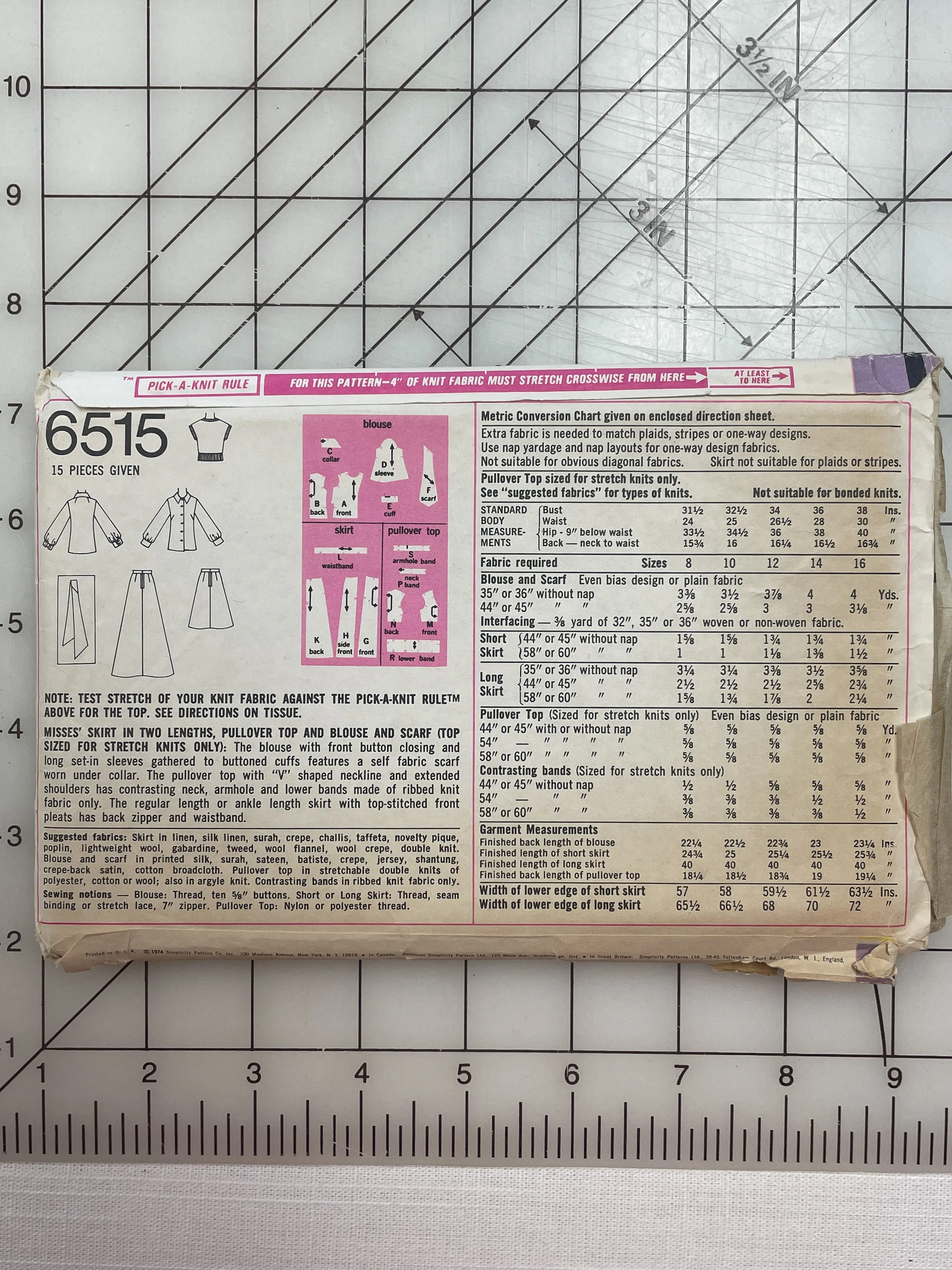 1974 Simplicity 6515 Pattern - Women's Knit Skirt, Pullover Top, Blouse and Scarf