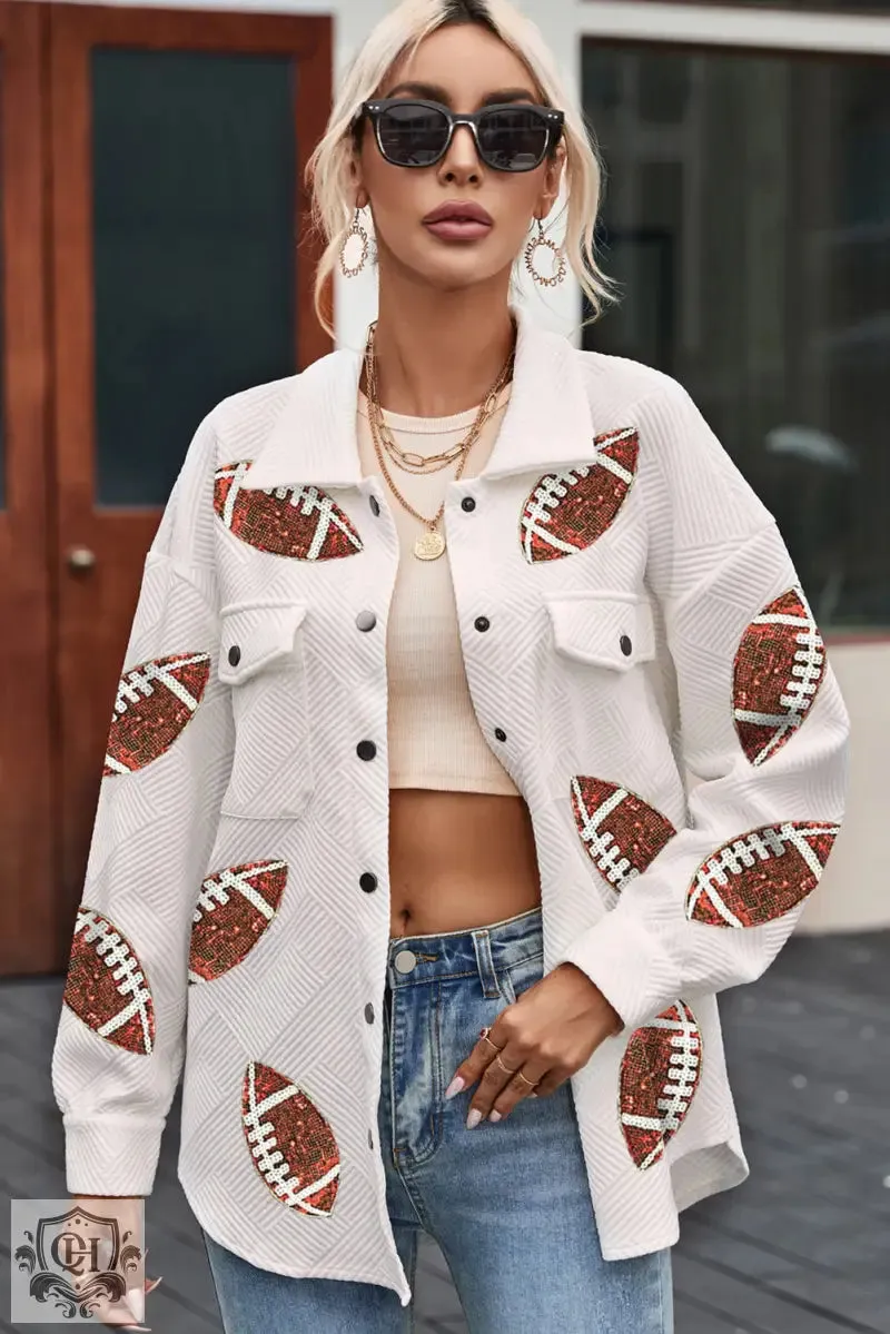 Beige Bubble Gum Texture Sequined Rugby Football Shacket