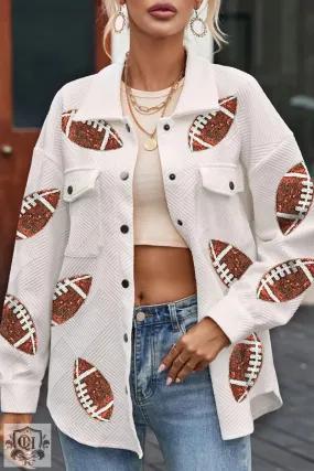 Beige Bubble Gum Texture Sequined Rugby Football Shacket