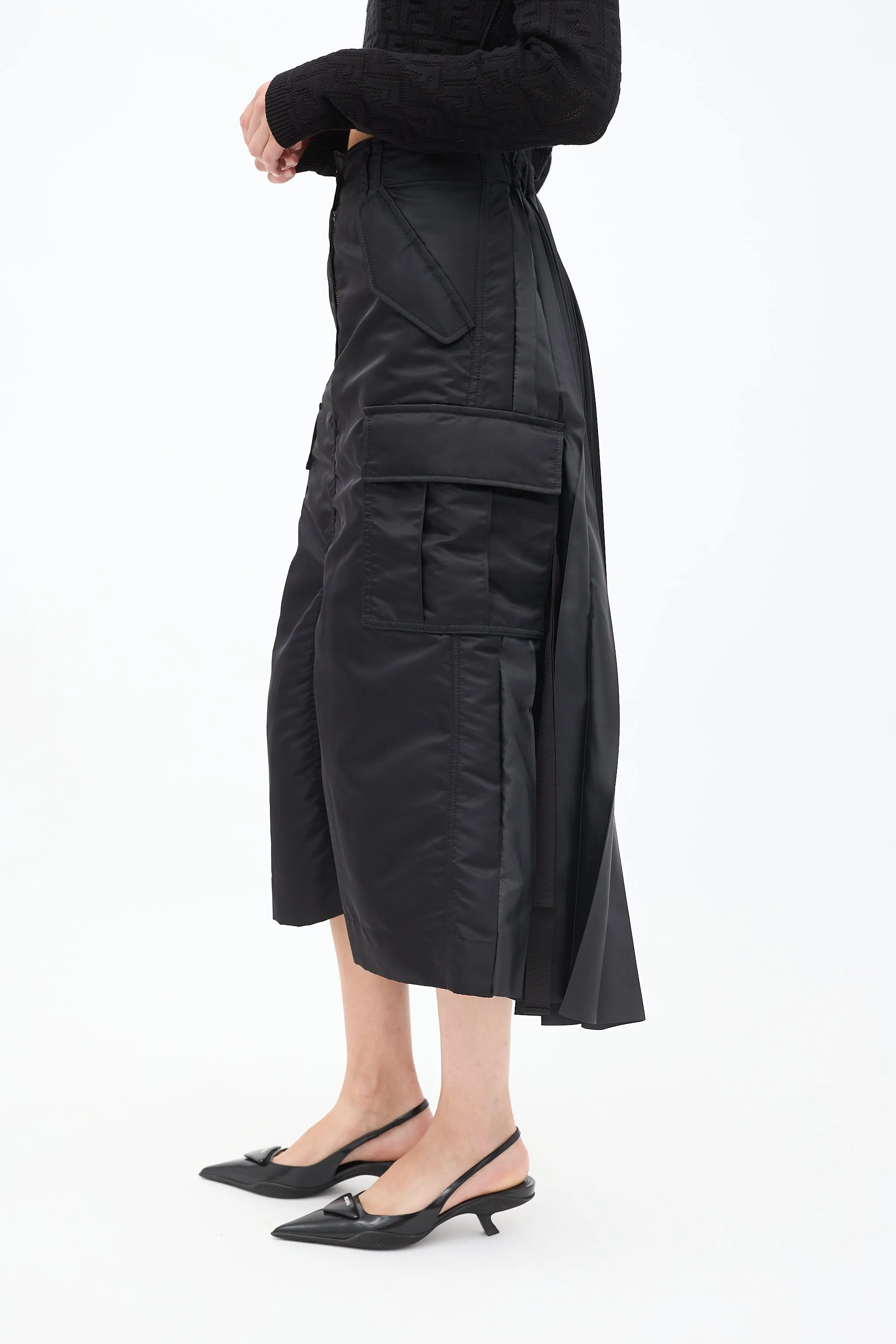 Black Nylon Pleated Cargo Skirt