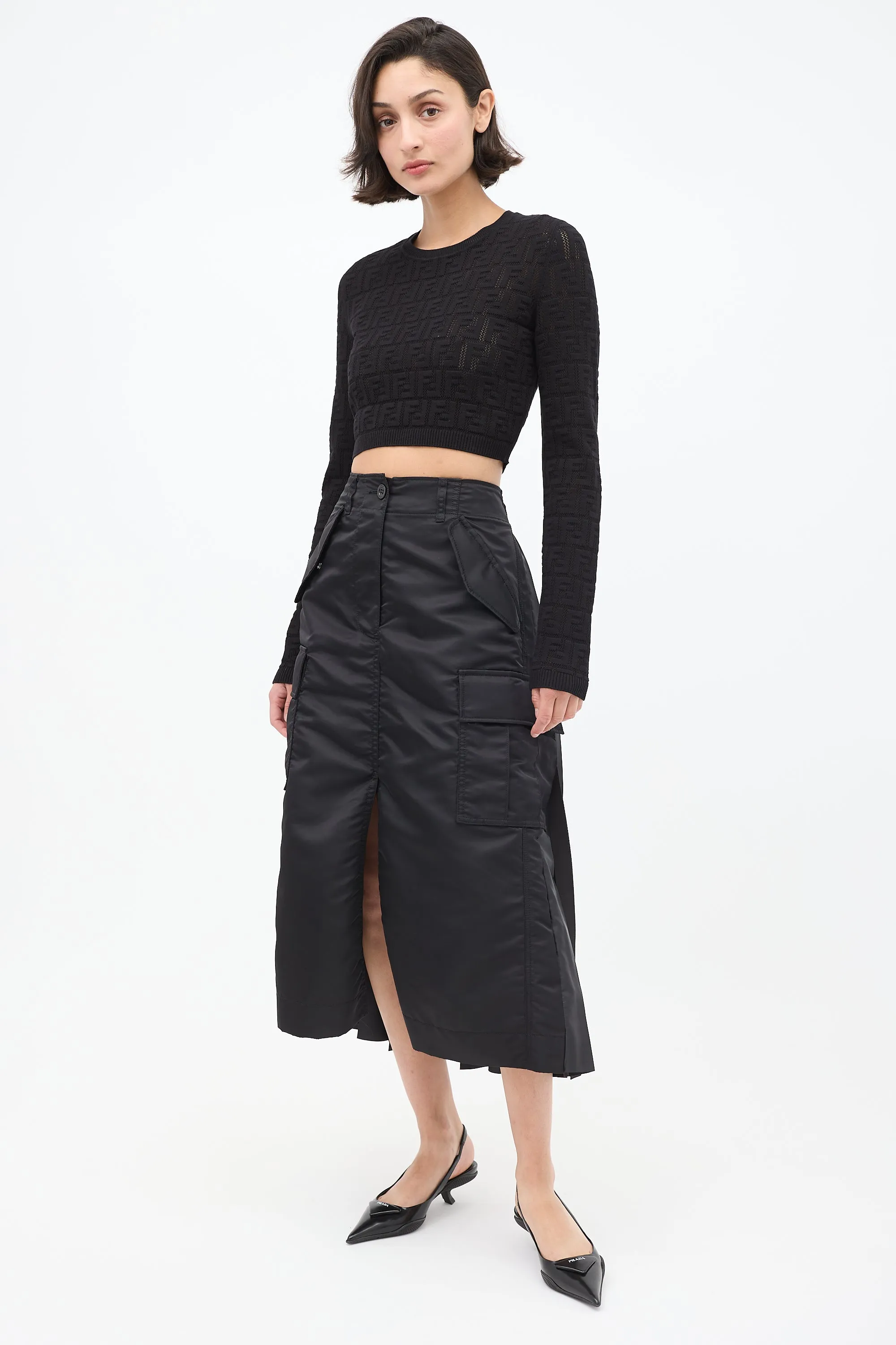 Black Nylon Pleated Cargo Skirt