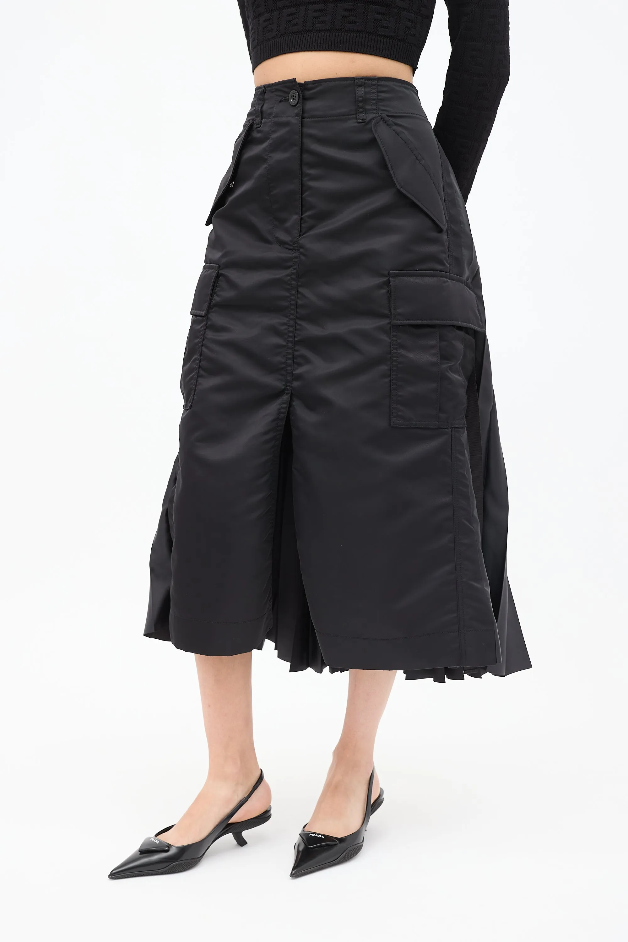Black Nylon Pleated Cargo Skirt