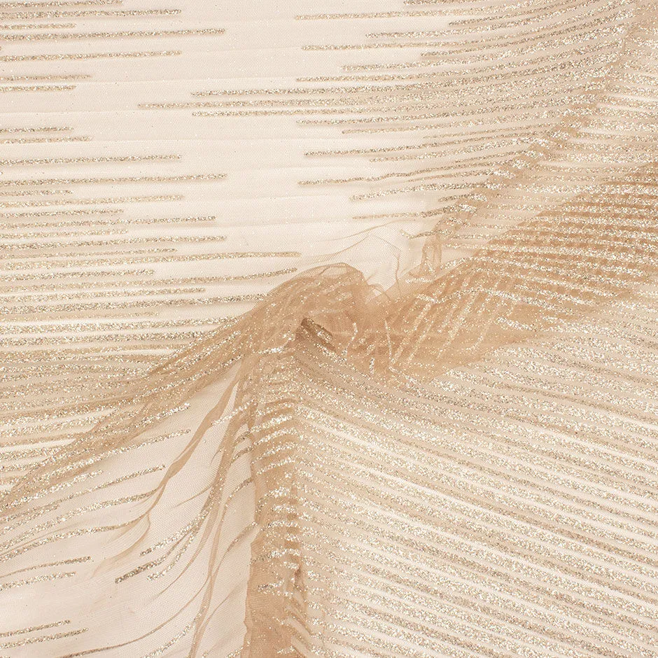 Gold Glitter Embellished Nude Plissé Tulle