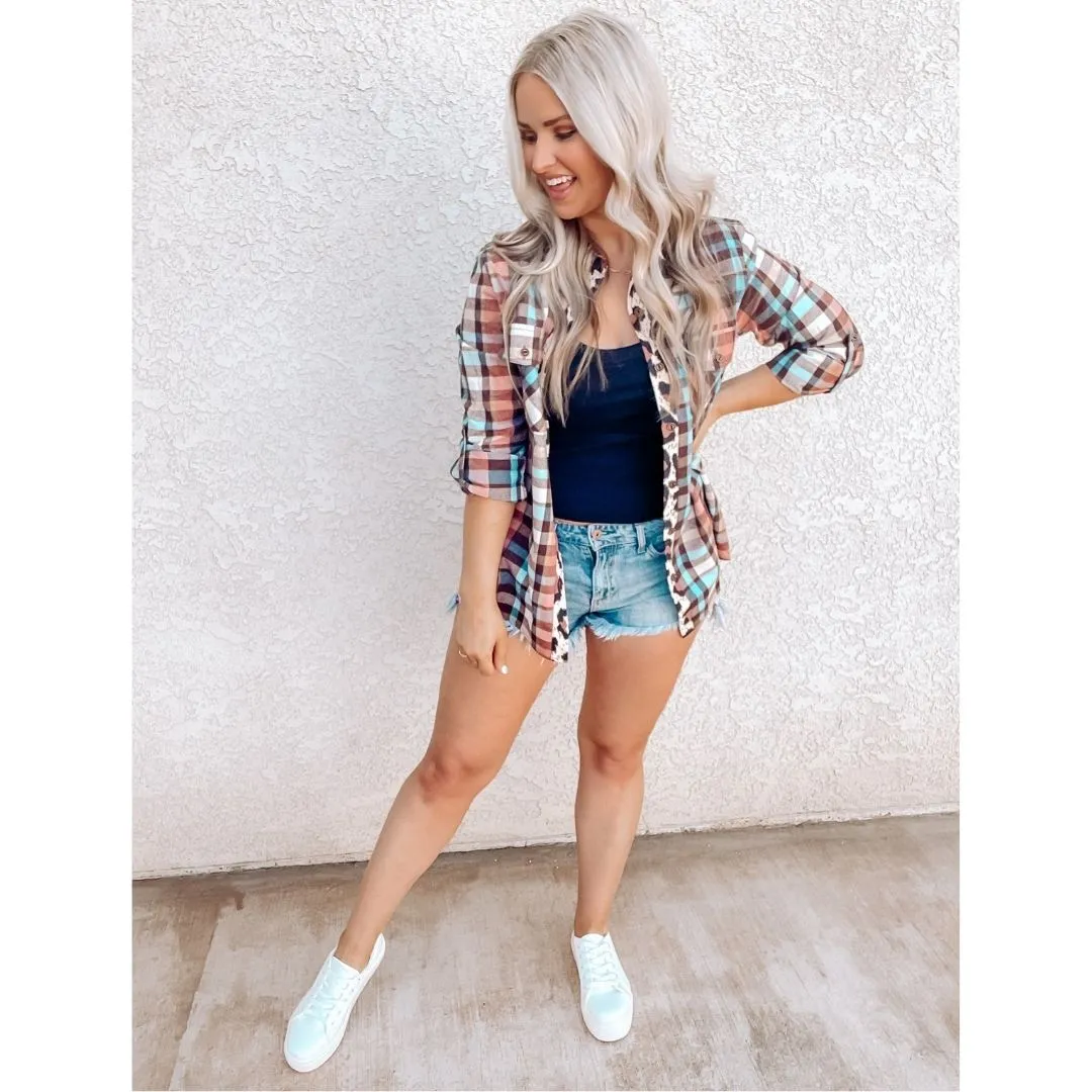 Multi Color Leopard Trim Plaid Pocket Shirt