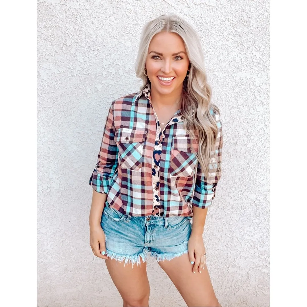 Multi Color Leopard Trim Plaid Pocket Shirt