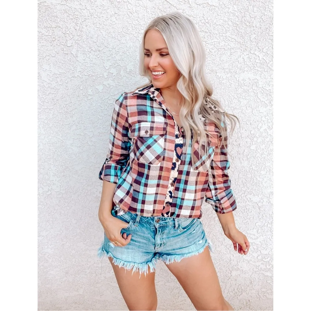 Multi Color Leopard Trim Plaid Pocket Shirt