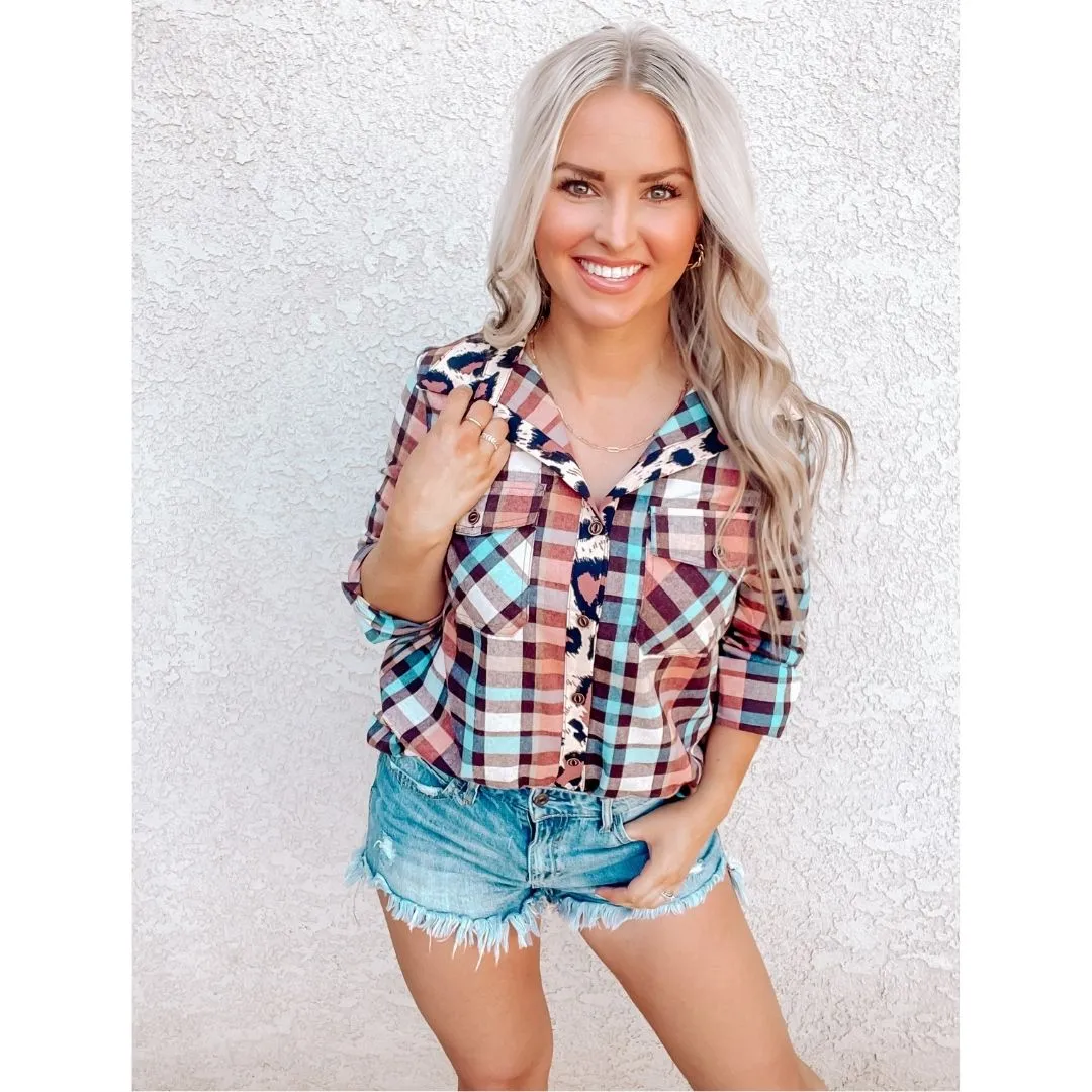 Multi Color Leopard Trim Plaid Pocket Shirt