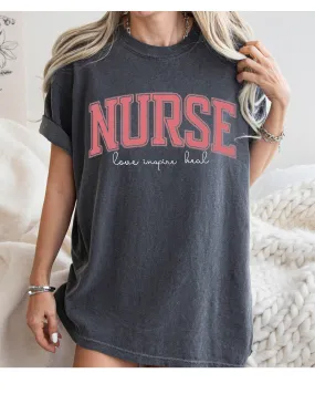 Nurse Love Inspire Heal Comfort Colors® T-Shirt, Varsity Vintage Design Women's Shirt