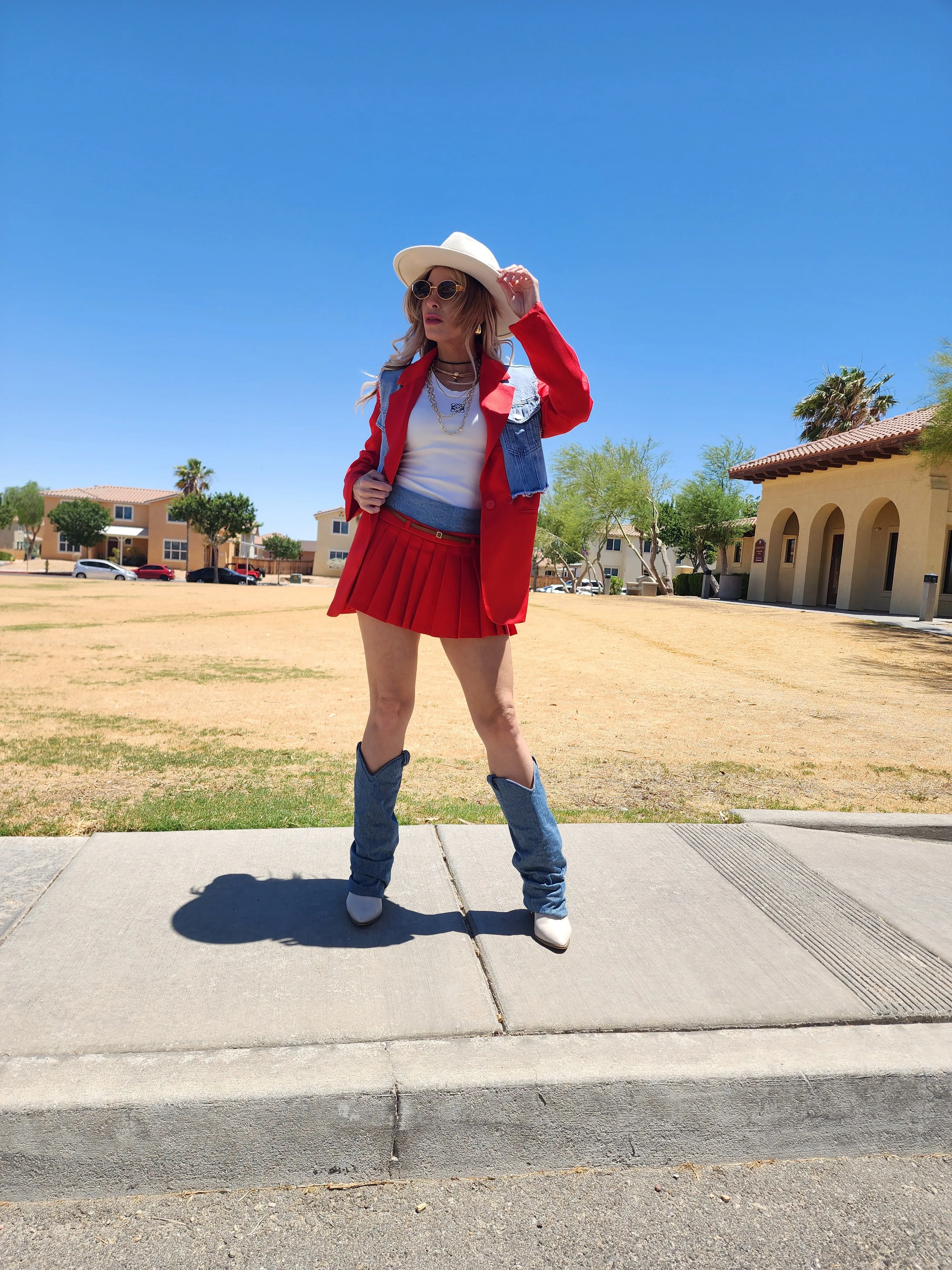 Red denim waist skirt