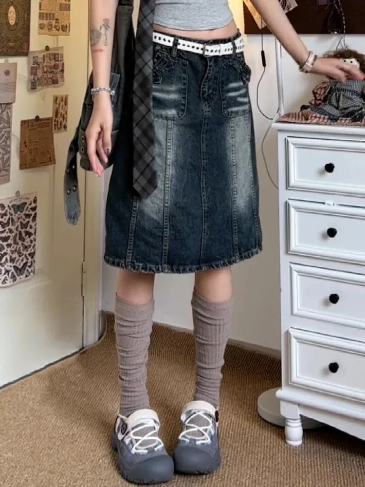 TAVIMART  -  Summer Women Korean Midi Denim Skirt Cyber Punk Gyaru Coquette 2000s Vintage Harajuku Gothic Japanese Fashion Y2k Streetwear New