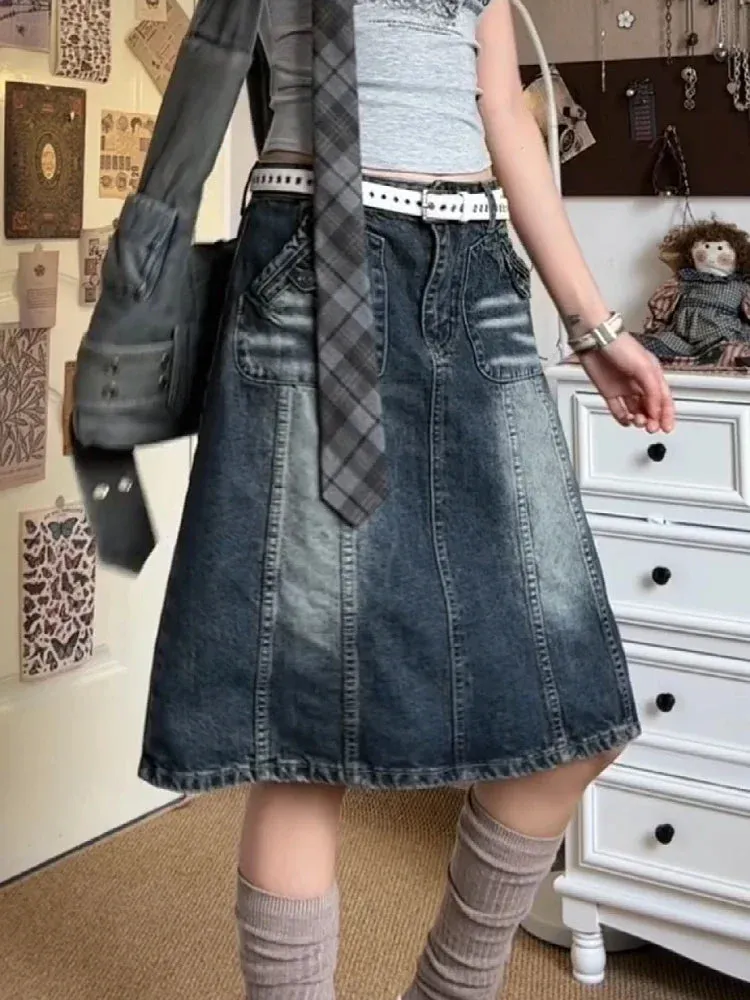 TAVIMART  -  Summer Women Korean Midi Denim Skirt Cyber Punk Gyaru Coquette 2000s Vintage Harajuku Gothic Japanese Fashion Y2k Streetwear New