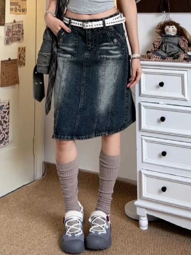 TAVIMART  -  Summer Women Korean Midi Denim Skirt Cyber Punk Gyaru Coquette 2000s Vintage Harajuku Gothic Japanese Fashion Y2k Streetwear New