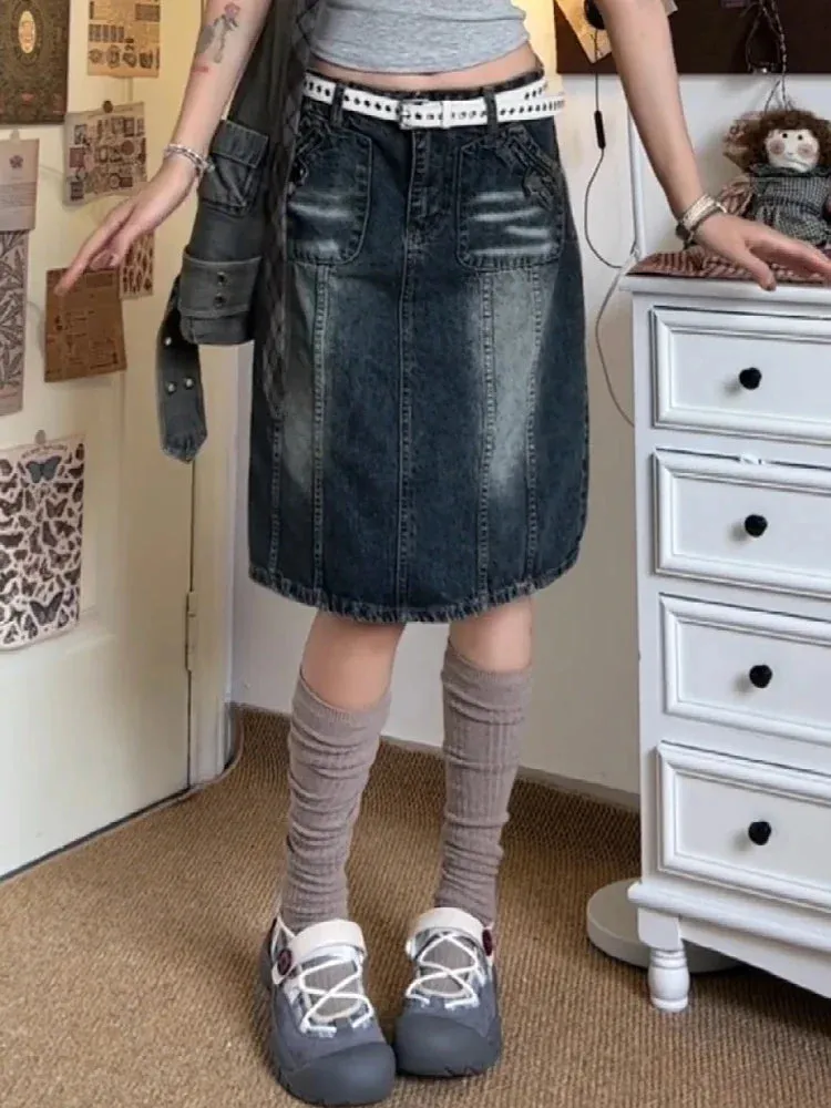TAVIMART  -  Summer Women Korean Midi Denim Skirt Cyber Punk Gyaru Coquette 2000s Vintage Harajuku Gothic Japanese Fashion Y2k Streetwear New