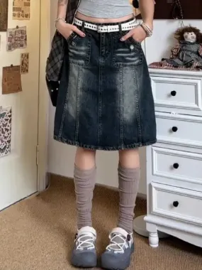 TAVIMART  -  Summer Women Korean Midi Denim Skirt Cyber Punk Gyaru Coquette 2000s Vintage Harajuku Gothic Japanese Fashion Y2k Streetwear New